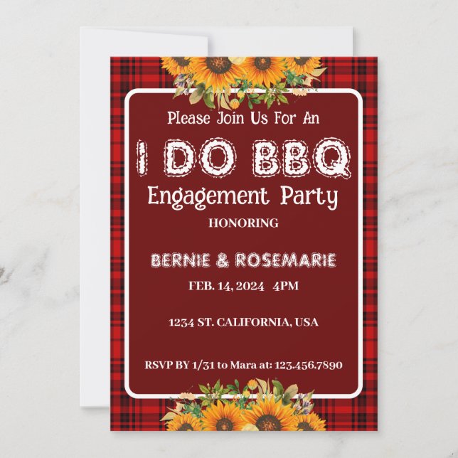 Invitación Hago BBQ Checkered Sunflower Engagement Party (Anverso)