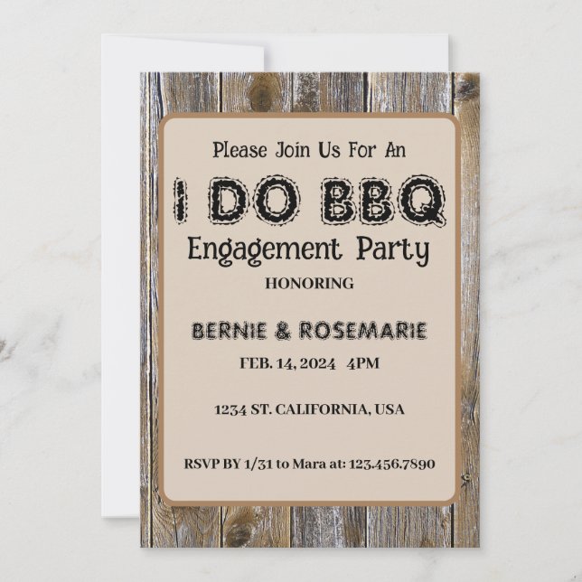 Invitación HAGO BBQ Elegante Fiesta de Compromiso de Madera R (Anverso)