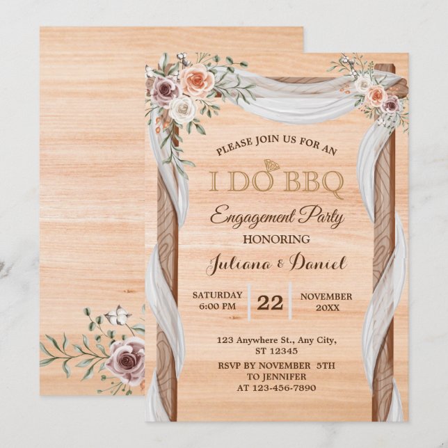 Invitación Hago BBQ Engagement Party Moderno Wood Floral (Anverso / Reverso)