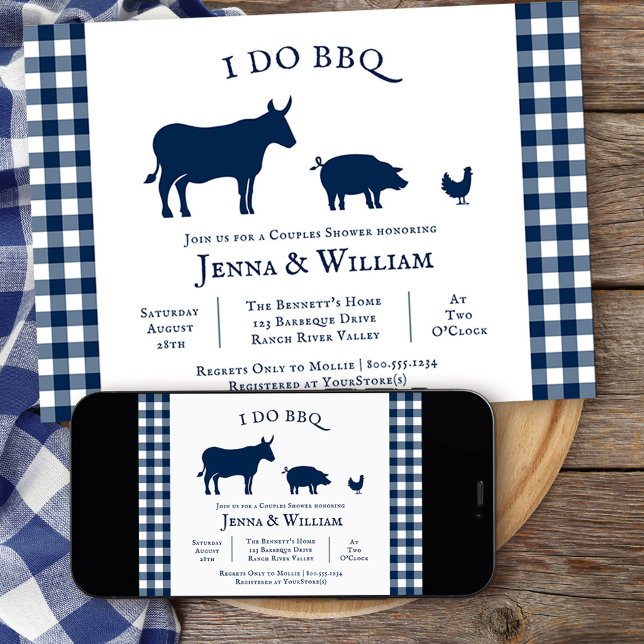 Invitación Hago BBQ Farmhouse Navy Ducha de Parejas Blue Plai (I DO BBQ couples shower grill themed invitation from my rustic farmhouse BBQ collection
)