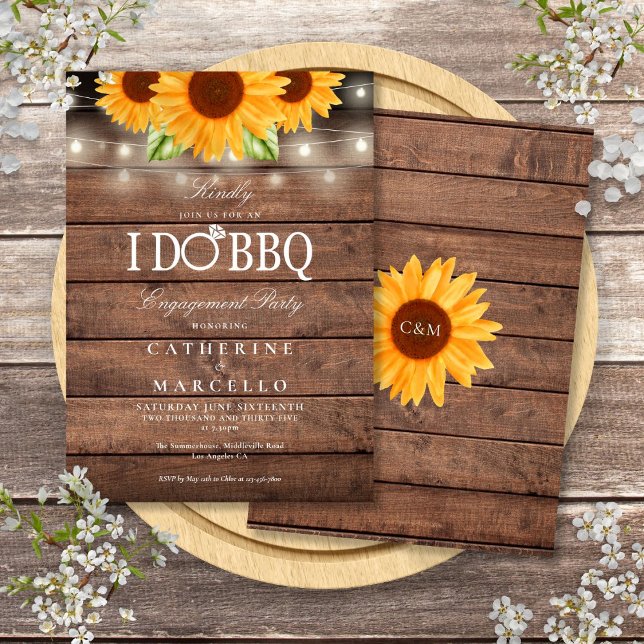 Invitación Hago BBQ Girasoles Fiesta de Compromiso de Madera  (I Do BBQ Sunflower Rustic Wood Engagement Party Invitation)