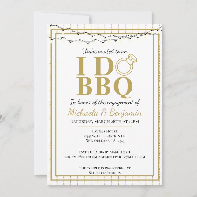 Invitación Hago BBQ Gold Parejas de ducha Fiesta de compromis (Anverso)