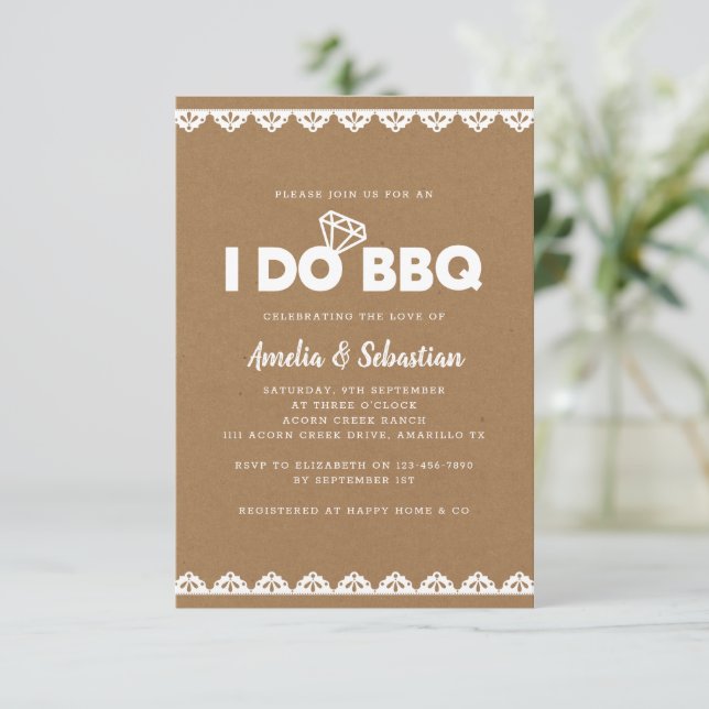 Invitación Hago BBQ Kraft Lace Brillante Ducha (Anverso de pie)