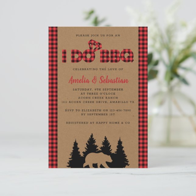 Invitación Hago BBQ Kraft Plaid Bridal Shower (Anverso de pie)