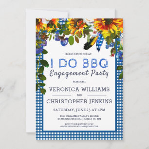Invitación Hago BBQ Rustic Floral Blue Plaid Engagement Party