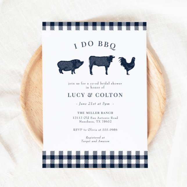 Invitación Hago BBQ Vintage Navy Gingham Bridal Shower (Subido por el creador)