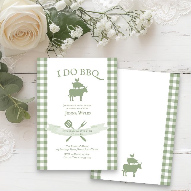 Invitación Hago BBQ Vintage Sage Green Gingham Bridal (Sage Green Gingham Invitation from Rustic Farmhouse BBQ Bridal Shower collection by Darling & May)