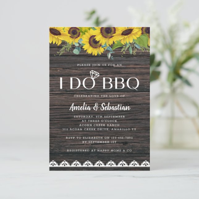 Invitación Hago BBQ Wood Lace Sunflower Brillo Ducha (Anverso de pie)