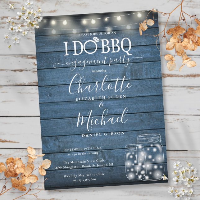 Invitación Hago luces de cadena rústicas de barbacoa en frasc (I Do BBQ Rustic String Lights Mason Jar Engagement Invitation)