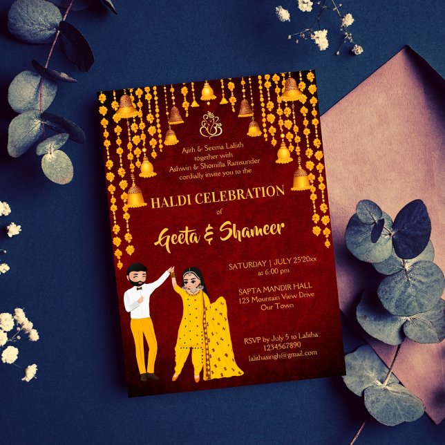 Invitación Haldi Mehndi Sangeet boda indio marrón amarillo (Haldi Mehndi Sangeet Indian wedding maroon yellow bell garlands bridal couple cartoon Invitation)