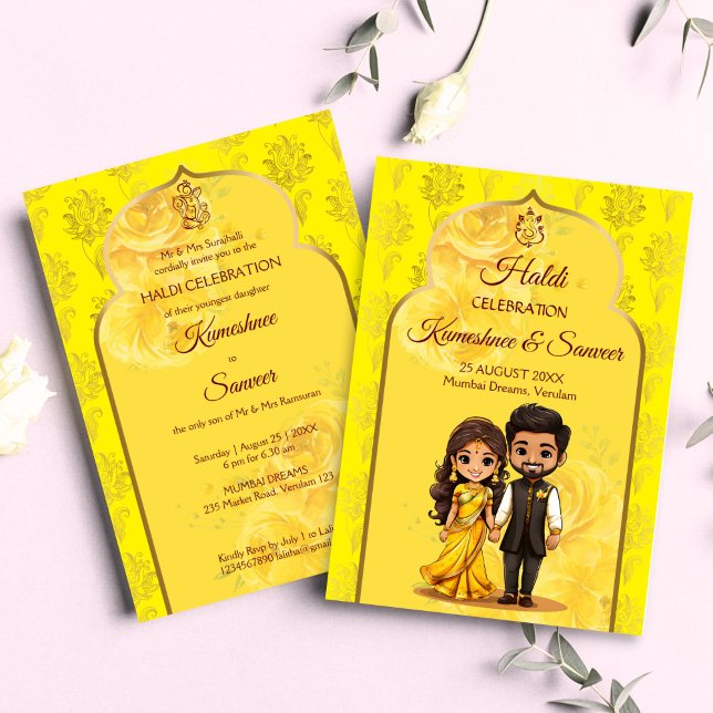 Invitación Haldi Sanget linda pareja de novias india personal (Haldi Mehndi Sanget Indian wedding cute Indian bridal couple cartoon Invitation template digital)
