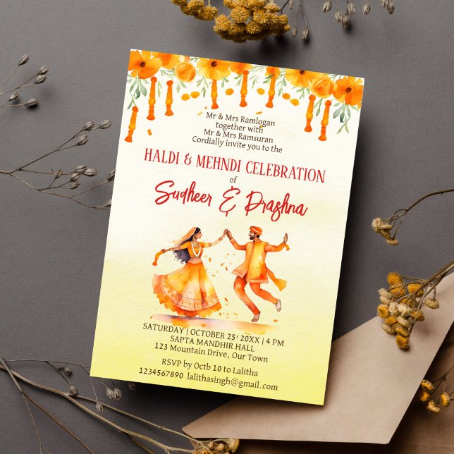 Invitación Haldi y Mehndi campanas de marigoles boda indio (Haldi mehndi Indian wedding editable template invitation instant digital download dancing couple)