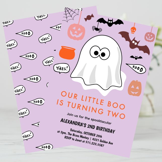 Invitación Halloween 2º cumpleaños fantasma lindo niñito (Halloween-2nd-birthday-ghost-cute-little-boo-invitation-pink-1)