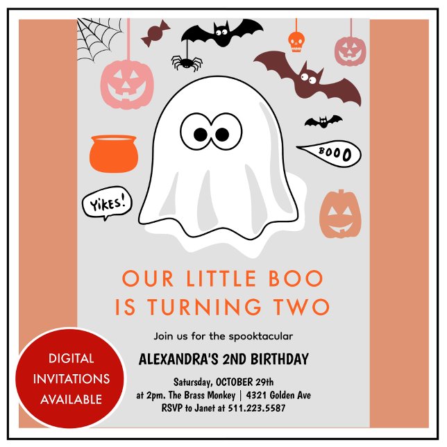 Invitación Halloween 2º cumpleaños pequeño cucharita de boo (Halloween-2nd-birthday-little-boo-spooktacular-invitation-orange-1)