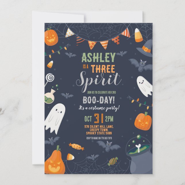 Invitación Halloween 3º cumpleaños TRES Fiestas Fantasma Cala (Anverso)