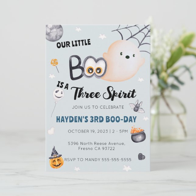 Invitación Halloween 3er cumpleaños Boo tres espíritus (Anverso de pie)