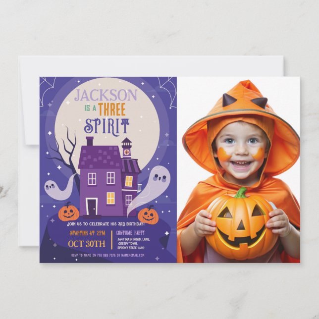 Invitación Halloween 3er Fantasma Foto de un Fiesta de tres c (Anverso)