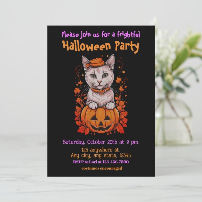 Invitación Halloween, 6 gatitos, divertidos, espeluznantes, j (Anverso de pie)
