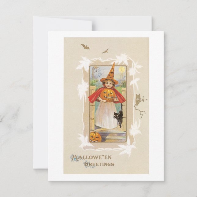 Invitación Halloween a la vieja usanza, chica de brujas (Anverso)