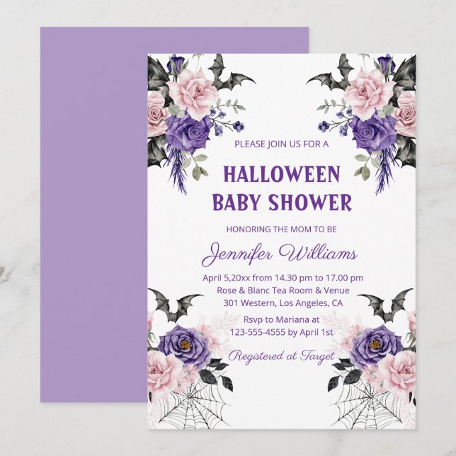 Invitación halloween acuarela floral gótica ducha de bebé (Anverso / Reverso)