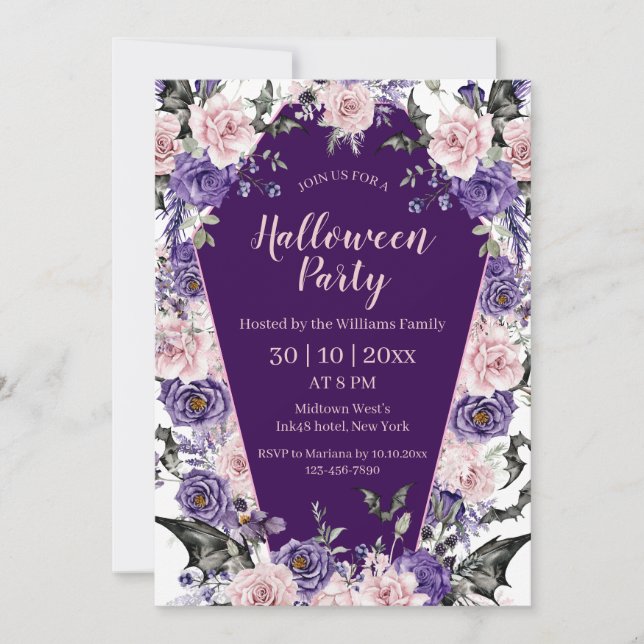Invitación halloween acuarela moda púrpura floral fiesta (Anverso)
