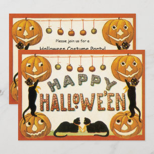 Invitación Halloween antiguo, gatos negros con Jackolanterns