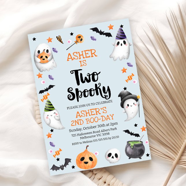 Invitación Halloween azul de niño dos cumpleaños espeluznante (Blue Halloween Two Spooky 2nd Birthday Invitation, Halloween 2nd Birthday Invitation Boy, Ghosts)