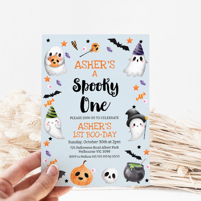 Invitación Halloween azul espantoso primer cumpleaños (Blue Halloween Spooky One 1st Birthday Invitation Boy, Halloween First Birthday Invitation, Pastle)
