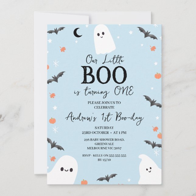 Invitación Halloween azul moderno Pequeño Boo Primer cumpleañ (Anverso)