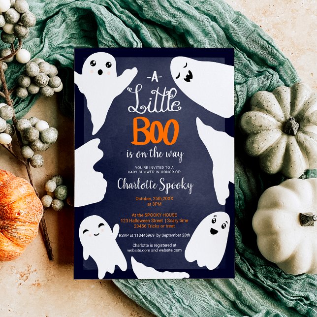 Invitación Halloween azul pequeño fantasma de la ducha bebé (Blue Halloween little boo ghosts baby shower Invitation)