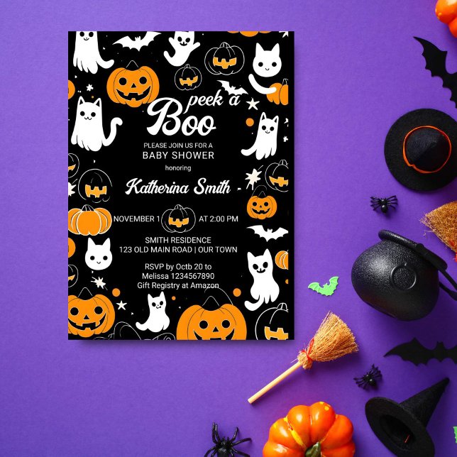 Invitación Halloween baby ducha luce fantasmas de gatos lindo (Peek a boo Halloween baby shower template invitation digital download cute cat baby ghosts pumpkins)