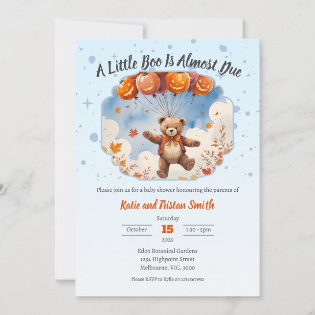 Invitación Halloween Baby Shower Boy - Teddy Bear & Pumpkins (Anverso)