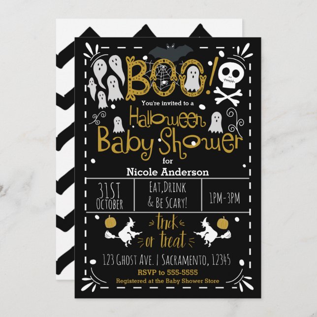 Invitación Halloween Baby Shower Modern Whimsical Hand Drake (Anverso / Reverso)