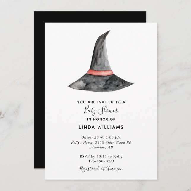 Invitación Halloween Baby Shower Watercolor Witch Gorra Cute (Anverso / Reverso)
