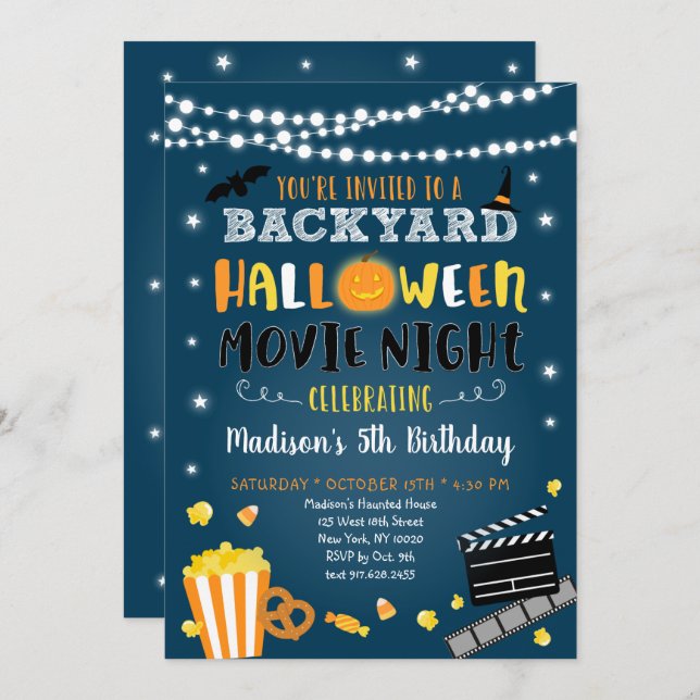 Invitación Halloween Backyard Movie Night Birday (Anverso / Reverso)