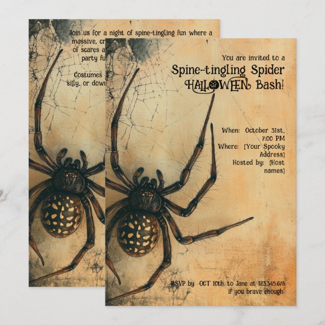 Invitación HALLOWEEN Bash de araña de hormigón de columna 🕷️ (Anverso / Reverso)