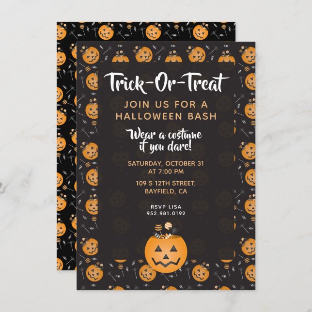 Invitación Halloween Bash Trick O Tremendo Calabaza (Anverso / Reverso)