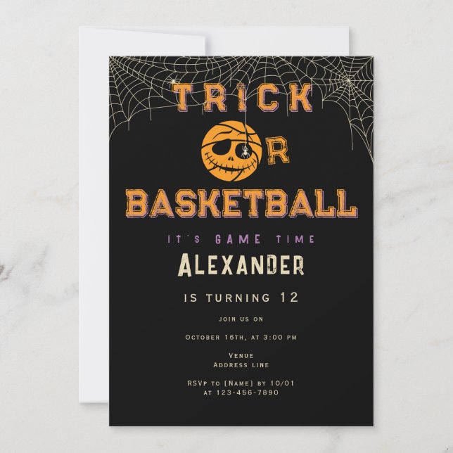 Invitación Halloween Basket Ball Trick o Básquetbol Cumpleaño (Anverso)