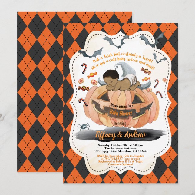 Invitación Halloween bebé ducha calabaza espeluznante (Anverso / Reverso)