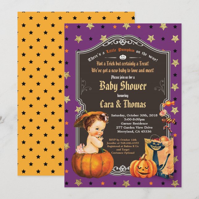 Invitación Halloween bebé ducha naranja de oro púrpura (Anverso / Reverso)