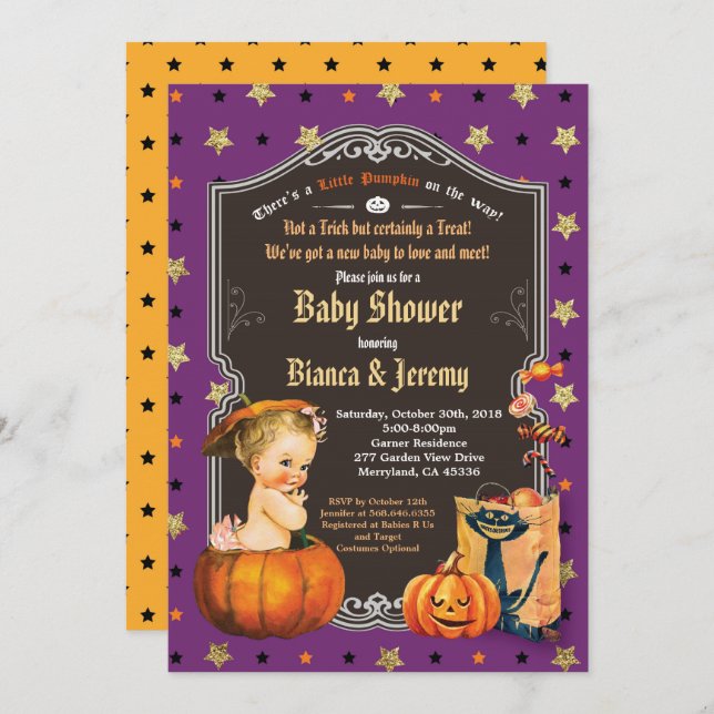 Invitación Halloween bebé parejas duchan oro morado (Anverso / Reverso)
