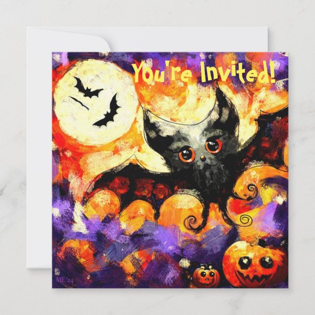Invitación Halloween Big Eye Bat Moon Jack-o-Lantern Bats (Anverso)