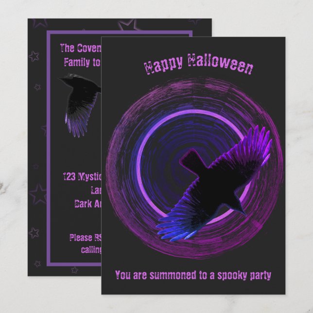 Invitación Halloween Black and Purple Crow (Anverso / Reverso)