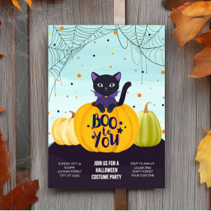 Invitación Halloween Black Cat Pumpkin Cute Costute Fiesta