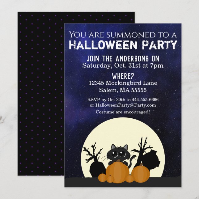 Invitación Halloween Black Cat Pumpkins Graveyard Full Moon (Anverso / Reverso)