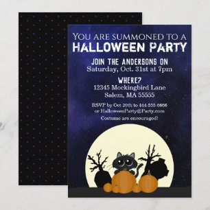 Invitación Halloween Black Cat Pumpkins Graveyard Full Moon