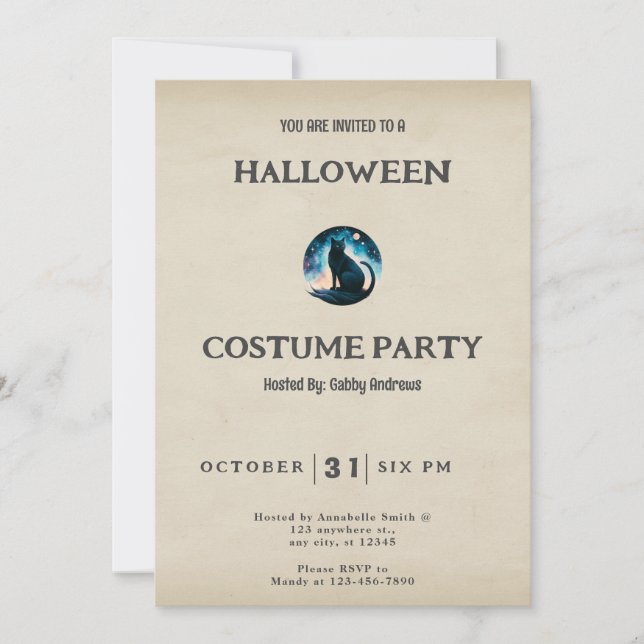 Invitación Halloween Black Cat Starry Night Vintage (Anverso)