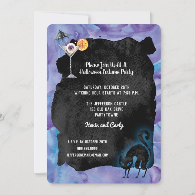 Invitación Halloween Black Cat {urple Costume Cocktail Fiesta (Reverso)