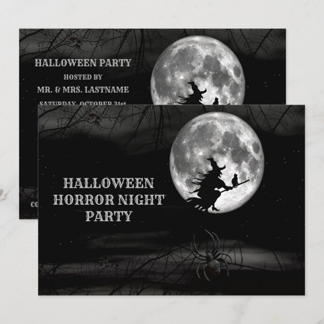 Invitación Halloween Black Night Flying Witch Full Moon Scary (Anverso / Reverso)