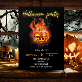 Invitación Halloween Black Pumpkin Flaming Editable Neon 